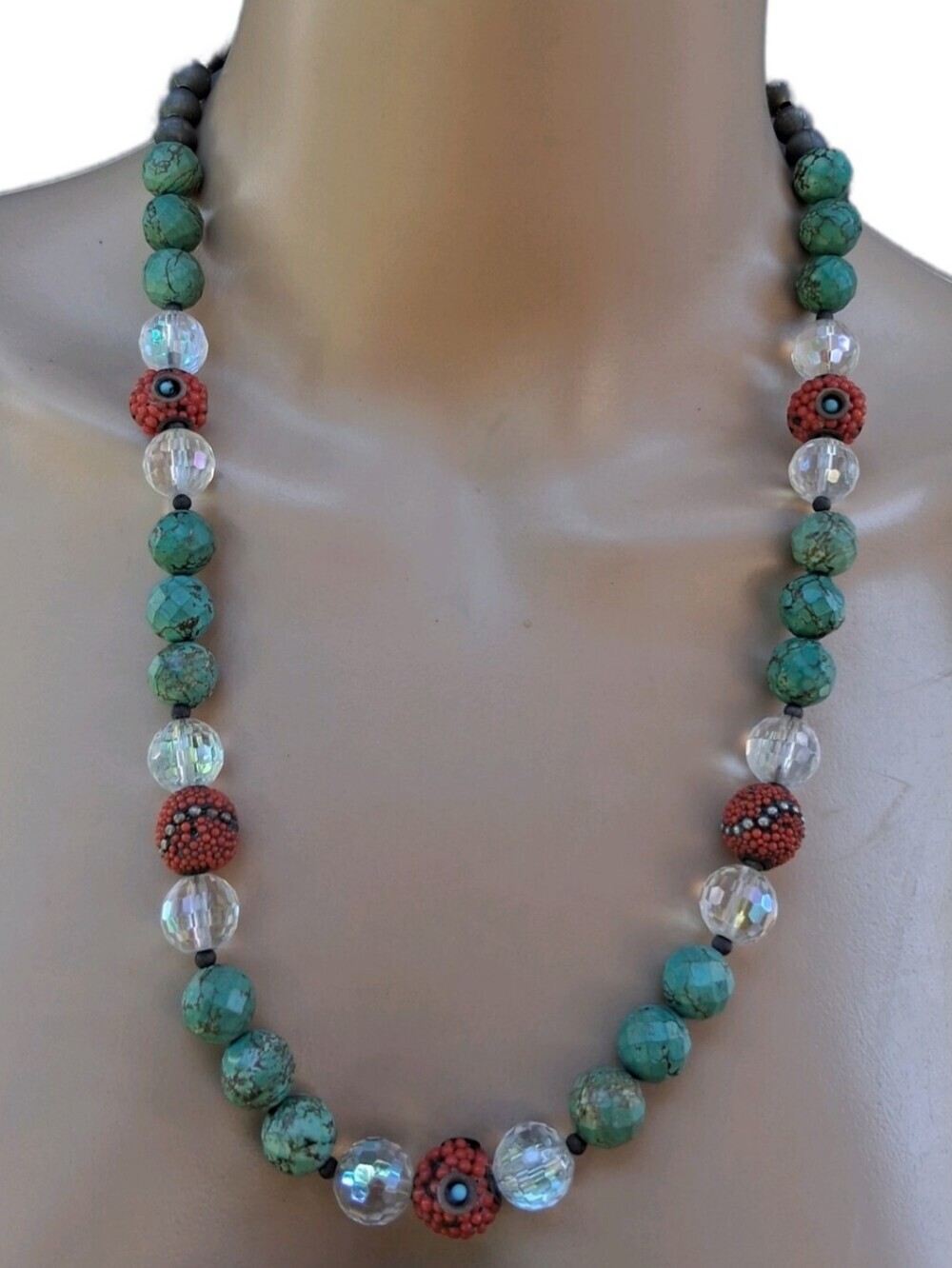 Vintage Southwestern Style Mixed Media Necklace - Turquoise, Coral & AB Crystal